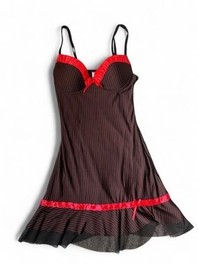 Women's Pinstripe Slip Chemise with Red Satin Trim